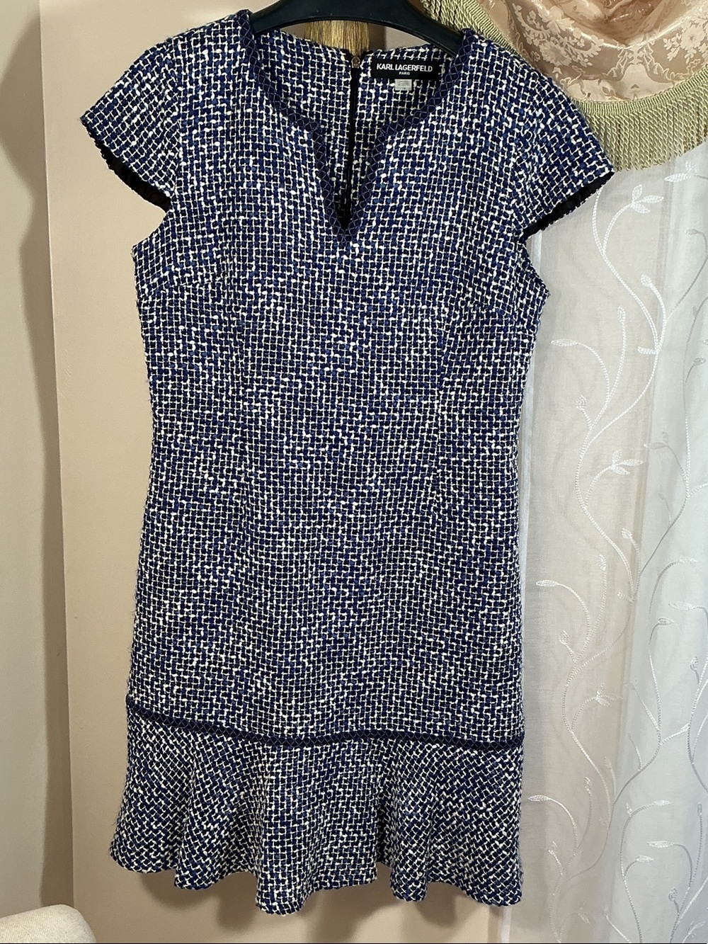 Karl Lagerfeld Paris Navy & White Tweed Cap-Sleeve Midi Dress Sz 14 Embroidered